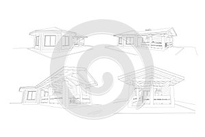 Gazebo frame with bbq grill vector illustration. Detailed architectural 3d plan